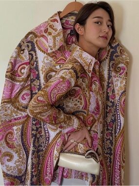 INC International Concepts Multicolor Paisley Silk Top Button Down Barbiecore